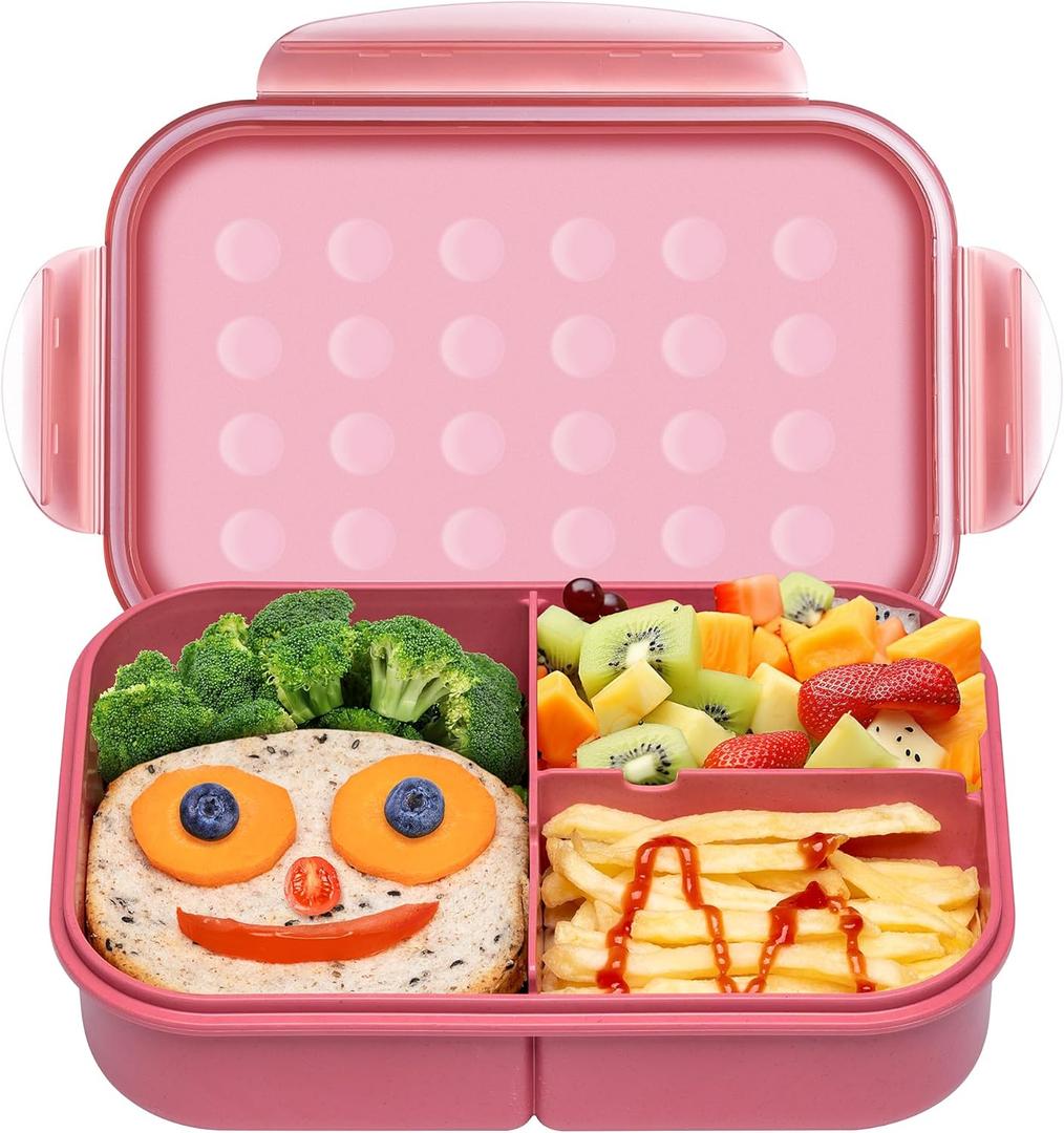 Wheat Straw Lunch Box Kids, Leakproof Bento Box Adult, BPA-Free Lunch Containers for Women & Men with 3 Compartments Microwave Safe (Muted Red, 5.5 Cup)