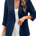 ELLEVEN Women's Linen Blazer 3/4 Ruched Sleeves, Lightweight Slim Fit Jackets with Pockets Half Lining (X-Large, Denim Blue)