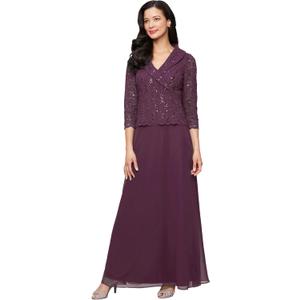 Alex Evenings Women's 3/4 Sleeve Portrait Collar Stretch Lace Bodice Mother of The Bride Dress, 12, Deep Plum