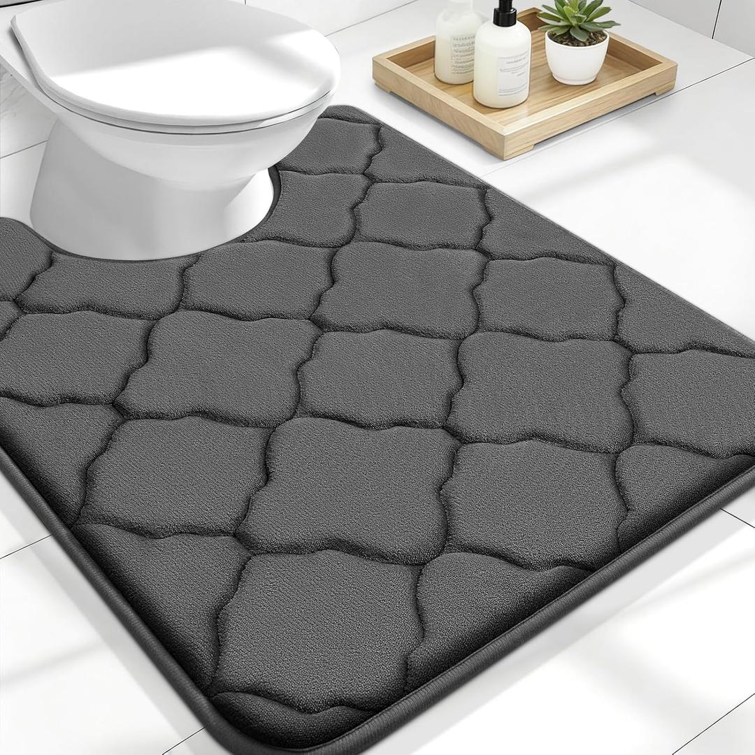 OLANLY Memory Foam Toilet Rugs U-Shaped 24x20, Ultra Soft and Absorbent Bathroom Rugs, Non-Slip, Comfortable, Machine Washable Contour Bath Mat for Toilet Base, Home Decor Accessories, Black