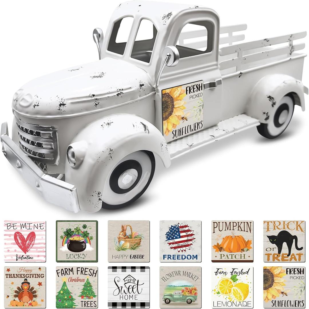 Sunflower Decor 13.4 Inch Vintage White Farmhouse Truck with 12 Magnets Sunflower Kitchen Summer Decorations for Home Shelf Office Metal Pickup Interchangeable Seasonal Decor Garden Truck Planter