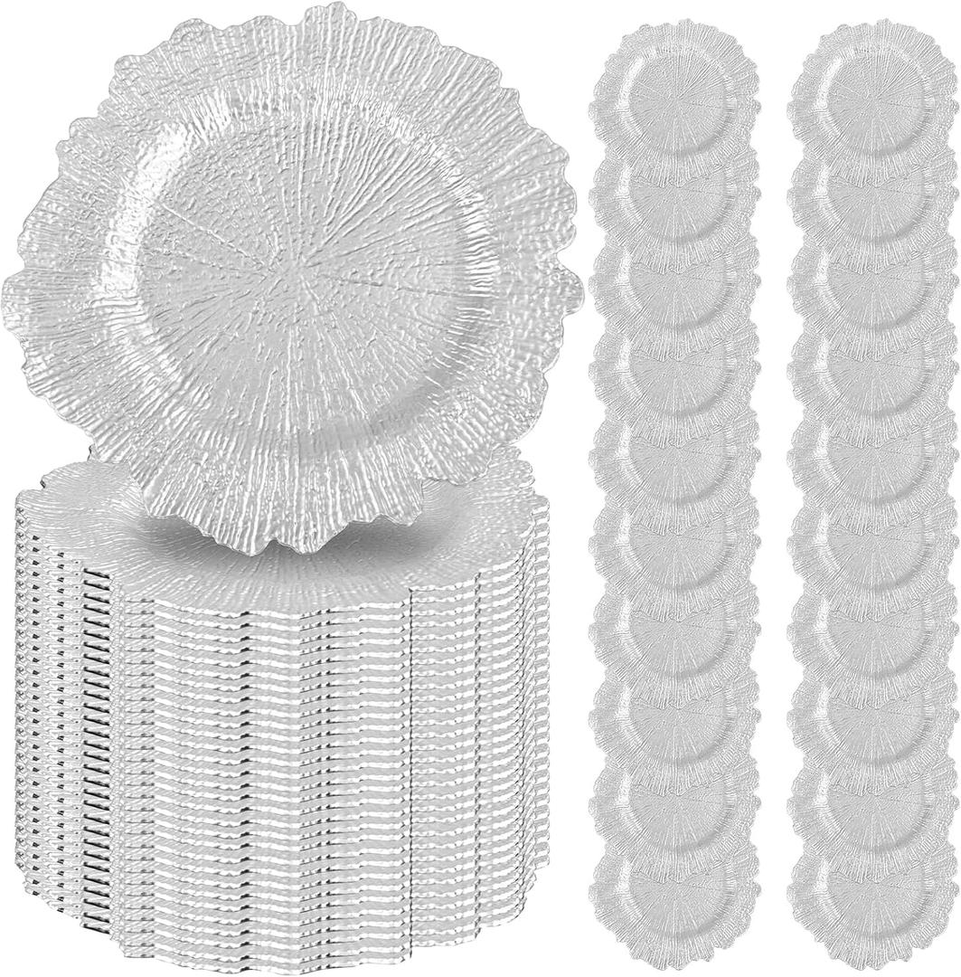 50 Pcs Silver Charger Plates 13" Round Charger Plates Bulk Reef Chargers for Dinner Plate Decorative Silver Plastic Chargers Plate for Wedding Party Event Baby Bridal Shower Dinner Table Decoration