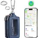 Universal Car Key Fob Key Finder Built-in Anti-Loss Tracker, Premium PU Leather Car Key fob Holder, Keychain Key Fob Cover with Double Layer, Transparent Window, Hook, More Key Rings (Navy Blue)