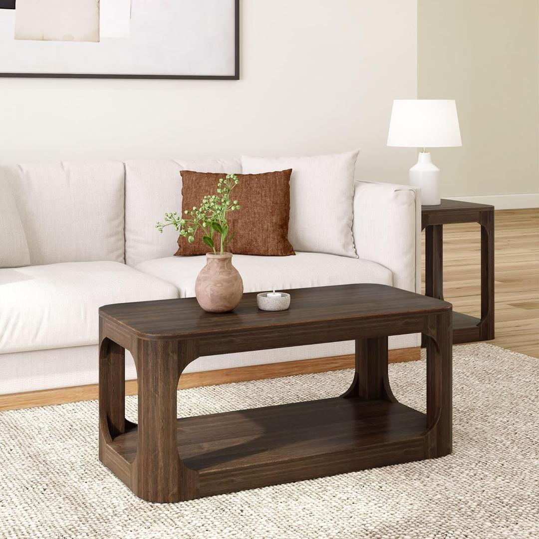 Plank+Beam Small Forma Coffee Table, Solid Wood 40 Inch Modern Coffee Table with Shelf, Contemporary Center Table with Storage Space, Rectangle Tea Table with Storage, Walnut