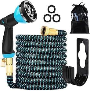 100 ft Expandable Garden Hose - Kink Free Flexible Water Hose with Thumb-Controlled 10-Function Nozzle, 3/4 Solid Brass Connectors, Retractable Latex Core - Lightweight Expanding Hose