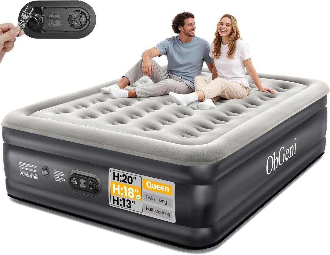 OhGeni Air Mattress Queen with Built in Pump, 18" Raised Inflatable Blow Up Mattress, Upgraded Surface Portable Bed for Home, Camping, Colchone Inflable, Ideal Alternative to a Bed, 1-Pack Only