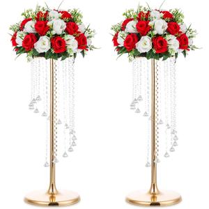 Nuptio 2 Pcs 27.6inch Tall Wedding Centerpieces Gold Vases Crystal Flower Vase Metal Flowers Stand for Party Tables Decorations - Elegant Bulk Weddings Decoration Table Chandelier Centerpiece Stands