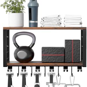 TJ.MOREE 2 Tier Floating Shelf Compatible with Tonal Accessories, T-Bracket Lock Adapters Hanger, Wall Mount Home Gym Storage Rack for Fitness Equipment (Black & Brown)