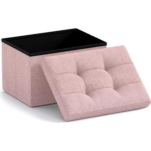 Ornavo Home Small Storage Ottoman Foldable Collapsible Rectangle Linen Ottoman Foot Rest Stool Seat, for Living Room, Bedroom, Home Office, Dorm - 12 x 16 x 12,  Pink 