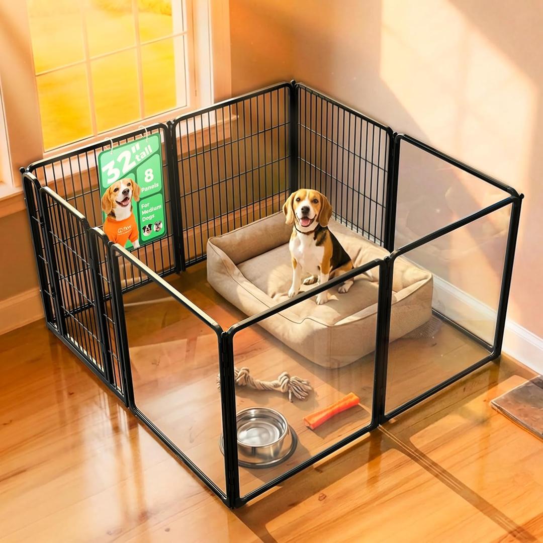 FXW AuraSpace Pro Acrylic & Wire Mesh Indoor Dog Playpen, 32" Height 8 Panels Metal Dog Pen for Small and Medium Dogs, Black