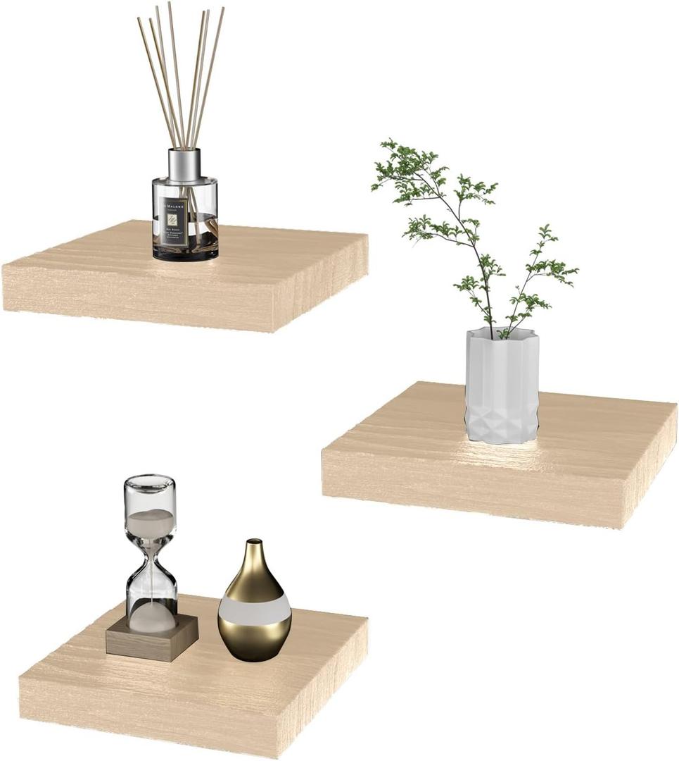 Small Floating Shelves for Wall - 6 Inch Mini Square Natural Wood Shelves for Bedroom, Living Room, Bathroom, Kitchen, Office Decor Set of 3