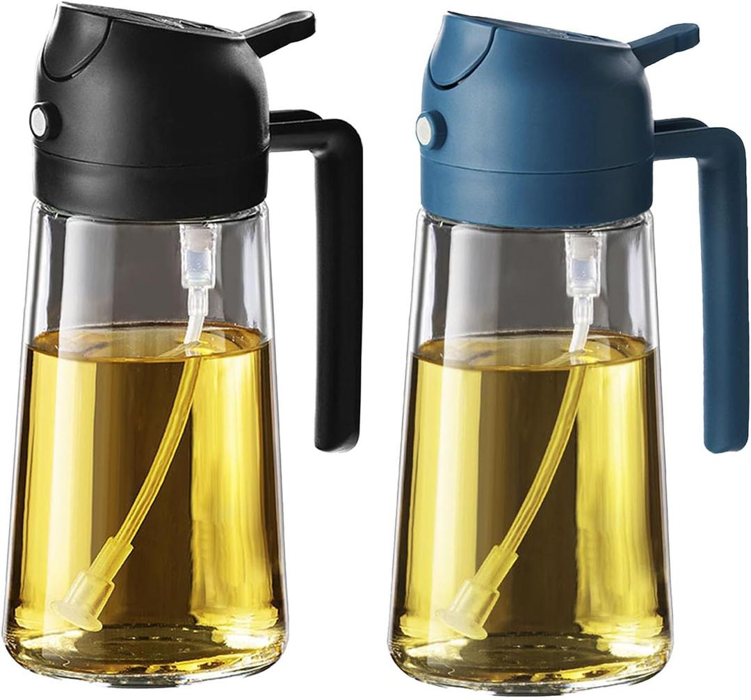 TrendPlain 16oz/470ml Glass Olive Oil Sprayer for Cooking - 2 in 1 Olive Oil Dispenser for Kitchen Gadgets, Air Fryer, Salad, and BBQ - Black & Navy