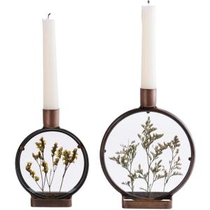 NIKKY HOME Nature Dried Flower Taper Candle Holders Set of 2, Vintage Decorative Metal Candlesticks Round Frame with Glass Centerpieces Decor for Dining Room Table Wedding Party Mantle Fireplace