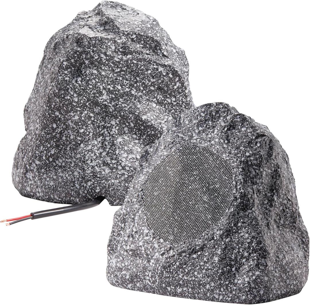 Theater Solutions 2R4G Outdoor Granite Rock 2 Speaker Set for Deck Pool Spa Patio Garden, 4.5-Inch, Granite Grey