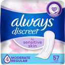 Always Discreet Incontinence Pads for Women with Bladder Leaks, Sensitive Skin Pads Moderate Absorbency, Regular Length, 57 Count (Regular (Size 4))