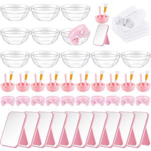 6 Set Pink Spa Party Supplies for Women Include Facial Mask Bowl with Stick Spatula Silicone Brush Mirror Headband Towel for DIY Spa Sleepover Slumber Wedding Birthday Party Favor
