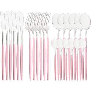 Snplowum Mirror Cutlery Serving Set, 24-piece 18/0 Stainless Steel Silverware With Pink Handle Simple & Modern Tableware For Home Party Restaurant Christmas Dinner, Service For 6 (Pink Silver)