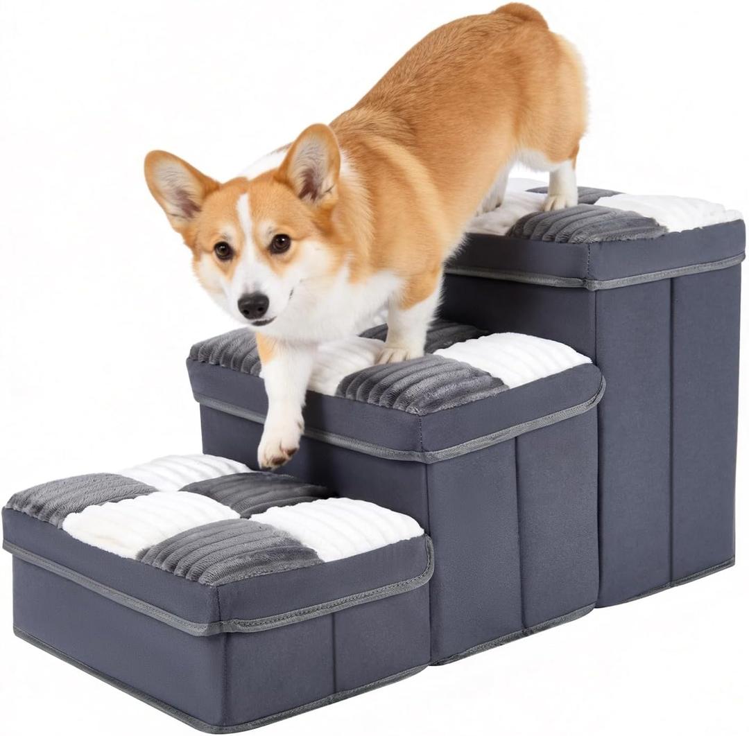 15.4''Dog Stair with Storage, Foldable Dog Steps for Bed with Soft Cover, Lightweight,3-Step Pet Stairs up to 70LBS, Non-Slip Puppy Stairs for Small Medium Dogs Puppy, Cats(Grey)