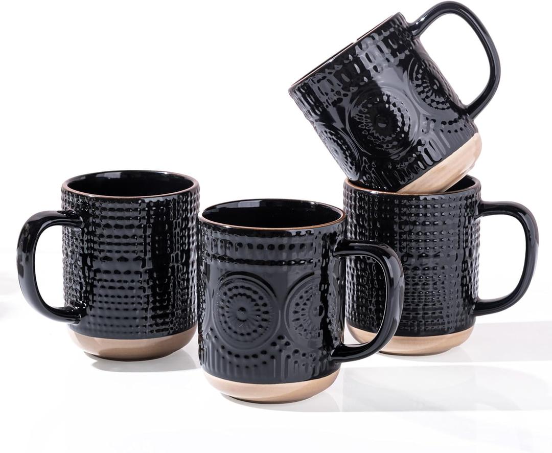 GBhome Large Coffee Mugs Set of 4, 16oz Handmade Stoneware Coffee Mugs Set with Large Handle for Cappuccino/Latte/Tea/Hot Cocoa, Dishwasher & Microwave Safe, Black