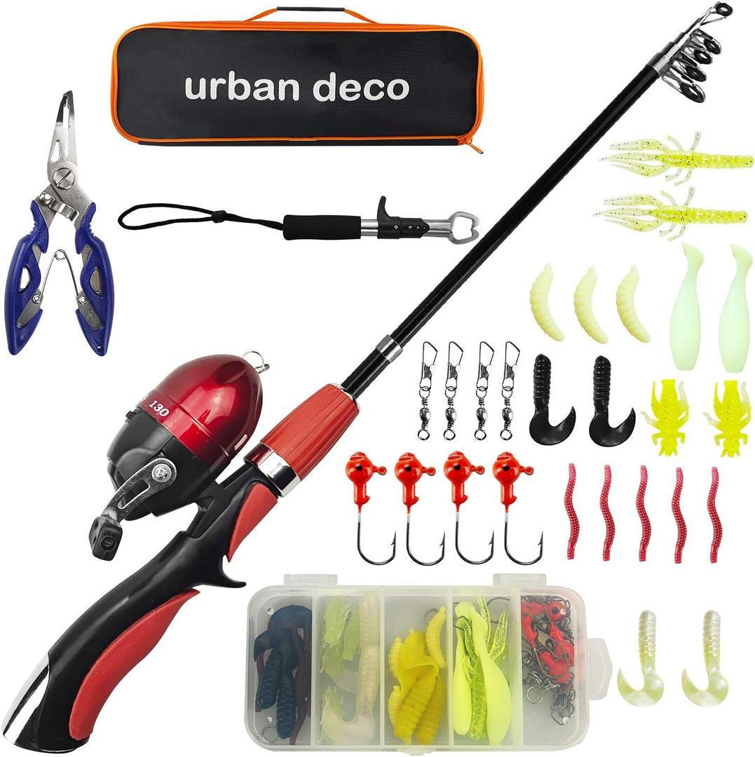 Urban Deco Kids Fishing Pole Set Portable Telescopic Kids Fishing Rod and Reel Combo Kit with Tackle Box for Beginners, Boys, Girls, Youth, Children (Red)