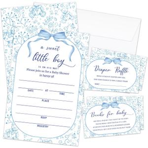 Boy Baby Shower Invitations for Boy, Blue Floral Baby Shower Invites with Envelopes, Set of 25 Gender Reveal Invites Cards with Envelopes & Book Request Cards & Diaper Raffle Tickets -01