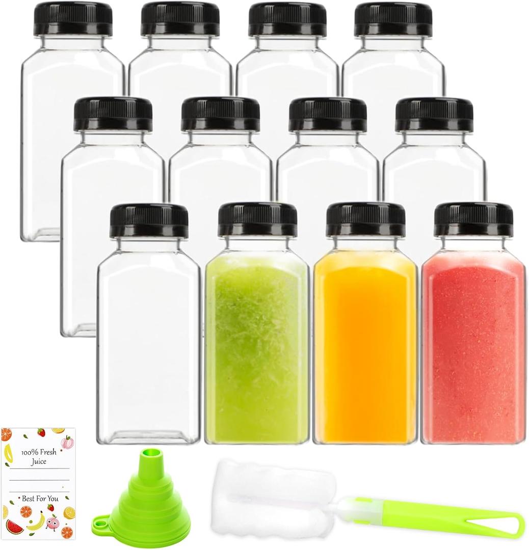 12Pcs 8 Oz Plastic Juice Bottles, Reusable Juice Containers with Black Tamper Proof Lids, Brush, Funnel and Labels, Clear Water Bottles for Juicing, Smoothie and Homemade Beverages