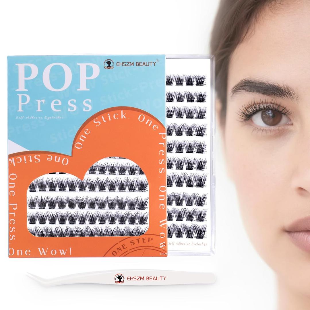 POP PRESS Self Adhesive Eyelash Clusters Kit - Pre Glued, Easy Apply, Natural Wispy Blend | Naked Soft Volume, No Plastic Feeling, Press On Lashes 10-16mm (EHSZM BEAUTY - Galaxy)