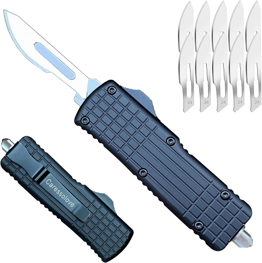 Automatic Scalpel Knife, Safety Auto Knife Push Button, EDC Double Action Razor Blade Utility Knife, With 10pcs #24 Replaceable Blade Self Retractable Pocket Knives For Men and Women (Black)
