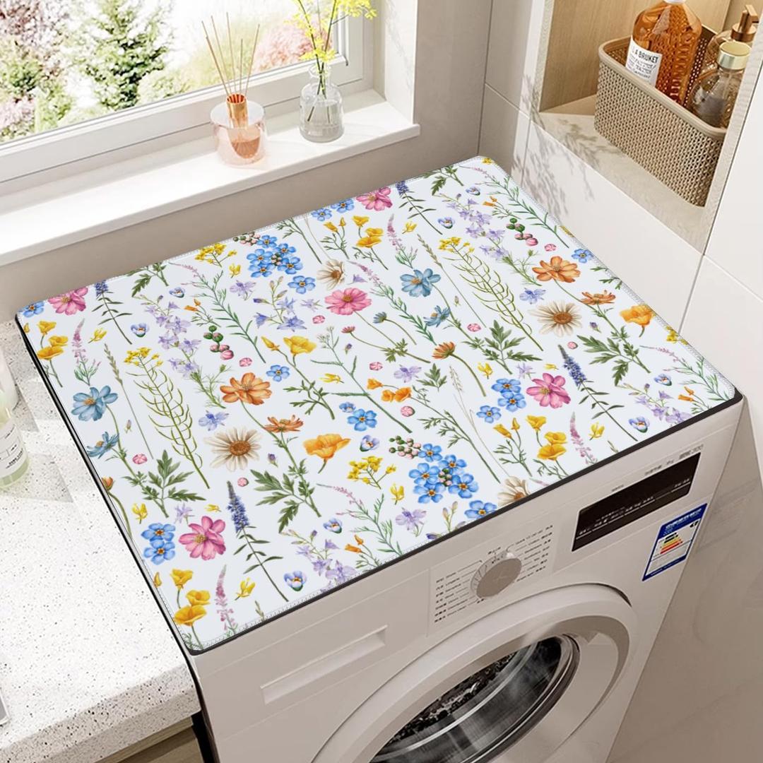 Floral Washing Machine Dust Cover Pad, Non-slip Washer and Dryer Covers for The Top, Protector Mat for Washer Dryer Floral Home Decor, 23.6" x 19.7"