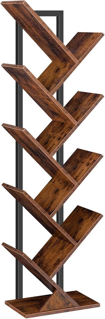 HOOBRO Tree Bookshelf, 9-Tier Bookcase Wooden Shelves, Floor Standing Storage Rack, for Display of CDs, Books in Living Room, Home Office, Wood Storage Rack for Bedroom, Rustic Brown BF08SJ01G1 (7.9"D x 13.4"W x 45.6"H)