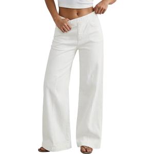GRAPENT Pull On Womens Jeans Baggy Stretchy High Waisted Denim Wide Leg Trouser Pants Trendy Front Seam 90s Loose Jean (White, S)