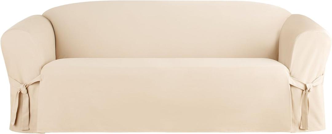 SureFit Duck Cotton Solid Sofa Slipcover (Natural Color) - One Piece Full Length Relaxed Sofa Cover with Corner Ties/Machine Washable/Perfect for Protecting Your Favorite Furniture