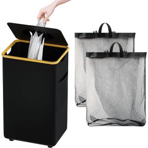 MinBoo 110L Large Laundry Basket with Lid, Tall Collapsible Clothes Hamper with Removable Bag & Bamboo Handles, Foldable Dirty Clothes Bin for Bedroom, Bathroom, Dorm, Laundry Room