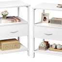 Huuger Nightstand Set of 2, Night Stand with Fabric Drawer, Mesh Shelf, Side Table with Storage, Fabric Drawer Dresser, Open Shelf, Metal Frame, Bedroom, White (White)