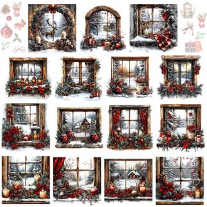 Harloon 15 Sheets Vintage Christmas Rub on Transfers for Crafts Furniture Wood Ornaments Xmas Vintage Watercolor Window Stickers Rub on Decals for Scrapbook DIY Wood Fabric Journal Envelope(Classic)