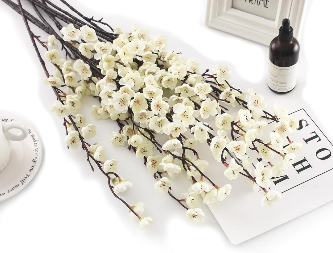 5 Pcs Artificial Plum Blossom Fake Wintersweet Long Stem Plastic Flowers Home Hotel Office Wedding Party Garden Decor 27.5'' High White