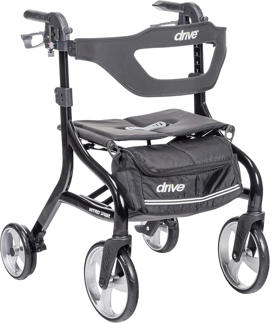Drive Medical Nitro Sprint Foldable Rollator Walker with Seat - Lightweight Support - Large Wheels - Compact Folding Design - Adjustable Comfort - Standard Size - Black