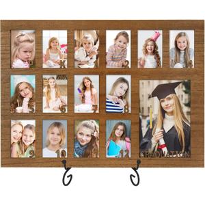 FramePro School Years Picture Frame Pre K to 12 Wooden Graduation Gift Collage Frame with Stand Easel, Displays One 4x6 and Twelve 2x3 Wallet Photos