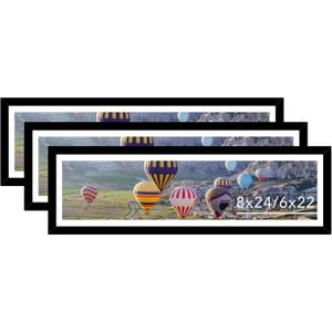 8x24 Picture Frame Set of 3 with 6x22 Mat, Panoramic Picture Frame Display Photo 6x22 with Mat or 8 x 24 Without Mat, Wall Hanging Large 8 by 24 Poster Frame with Plexiglass, 3 Pack, Black