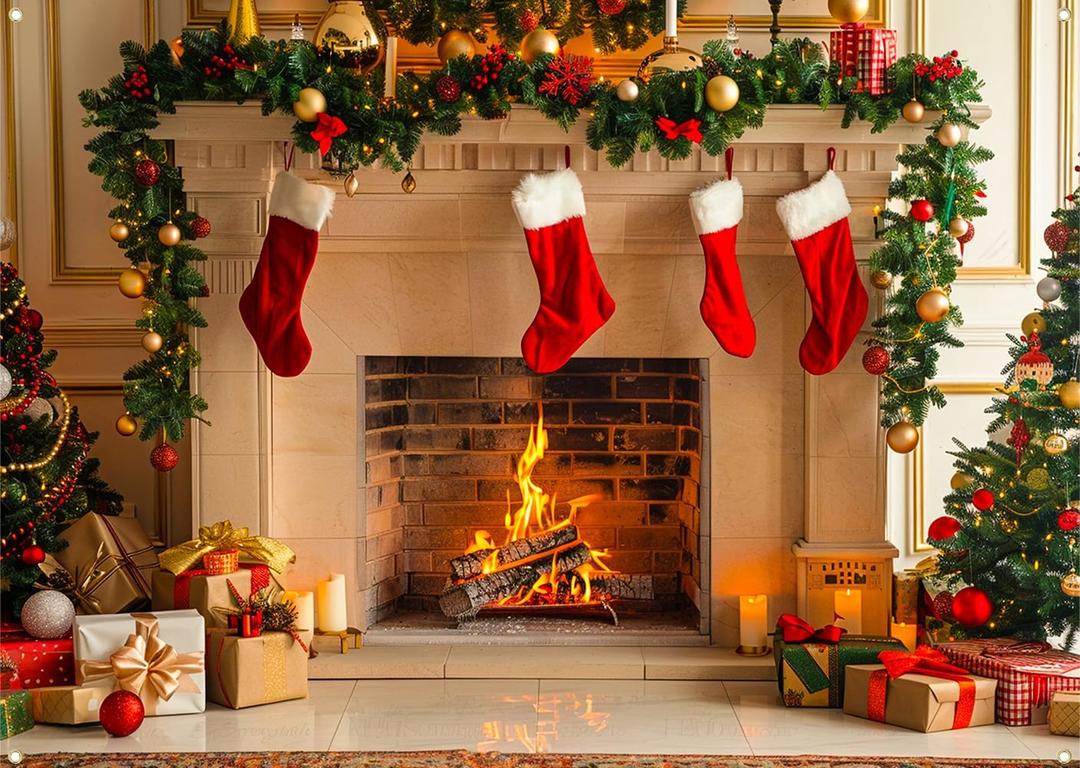 Christmas Backdrop 7x5 ft Fireplace Photography Background, Durable Polyester Xmas Banner for Holiday Party Decor, Family Photo Studio Winter Props