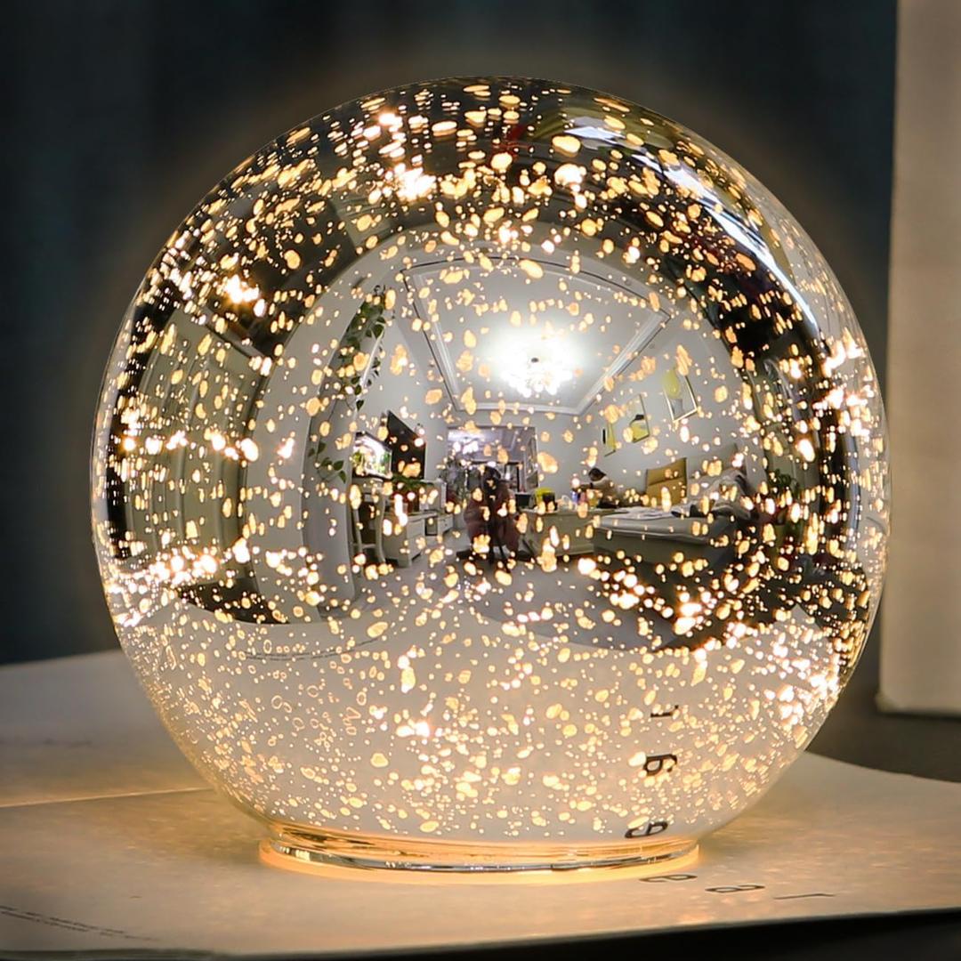 Lighted Mercury Glass Ball Table Lamp, Silver Cordless Glass Orb Christmas Decor Ball Led Light Globe, Modern Light Up Battery Operated Sphere Night Light for Home Bedroom Indoor Decor, Large (6 Inch)