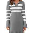 Saodimallsu Womens Striped Sweater Dress V Neck Collared Long Sleeve Slim Fit Ribbed Knit Trendy Mini Dresses (XL, Gray)