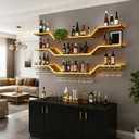 47.2in Modern LED Wine Rack Wall Mounted, 3-Tier Floating Bar Shelves with Wine Glass Rack, Large Hanging Liquor Shelf Wall Mounted, for Home Bar Dining Room Cafe Decorative (Gold, 47.2in/120cm)