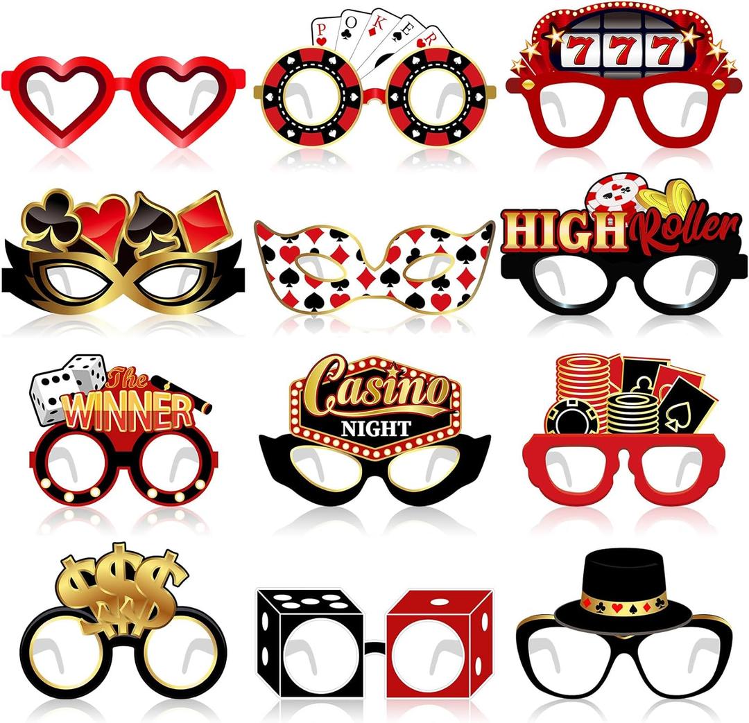 36 Paper Casino Night Glasses Casino Party Favors Paper Eyeglasses Poker Dice Sign Photo Booth Props Kit Las Vegas Game Night Birthday Decorations