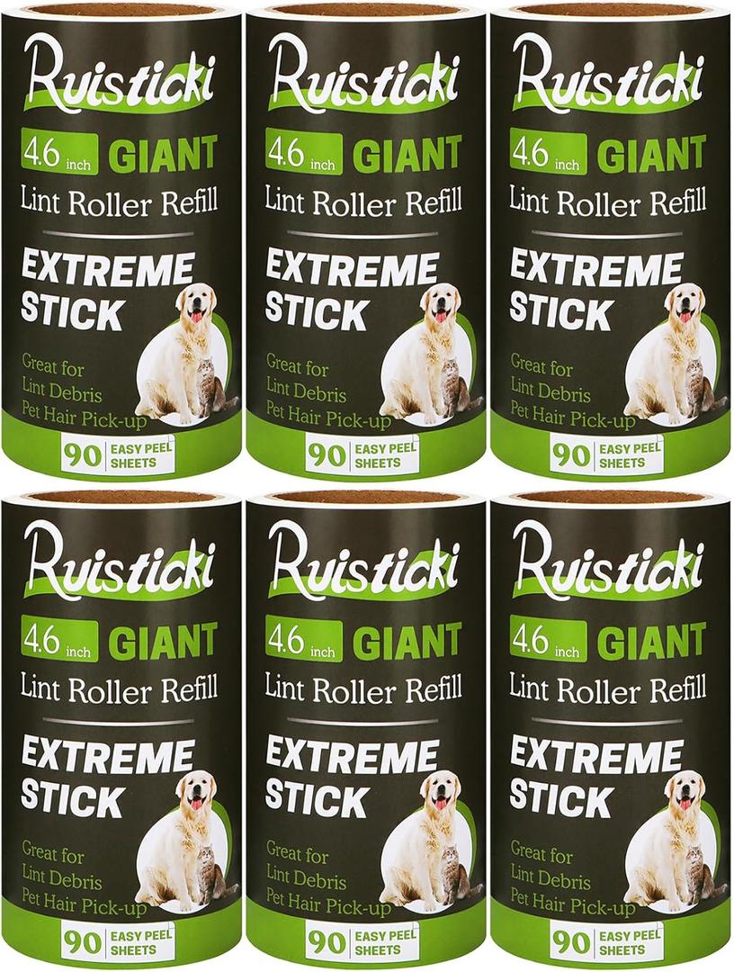4.6 inch Lint Roller Refills Compatible with Evercare Giant Lint Rollers and T Handle Pet Hair Roller Extreme Stick 90 Sheets Each Refill Roll (Pack of 6, 540 Sheets Total)