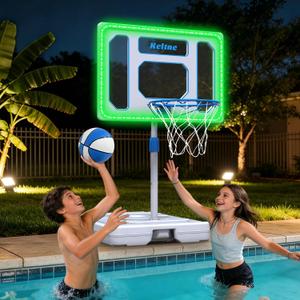 Solar Pool Basketball Hoop Poolside, 4.1-4.8Ft Adjustable Height, 32" Backboard Pool Basketball Goal with Bright Colorful LED Light, Rust-Proof Poolside Basketball with 2 Ball & Pump for Inground Pool, 27x31x58 Inch