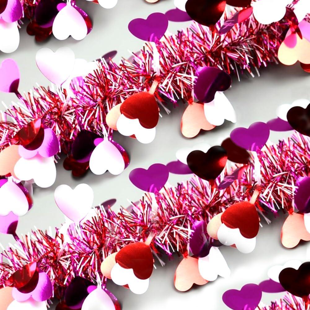 66 Ft Valentines Day Tinsel Garland Shiny Thick Tinsel Valentines Decorations Metallic Twist Foil Red White Rose Heart Ornaments for Anniversary Wedding Parade Floats Indoor Outdoor Decor Supplies