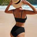 Fanuerg Women's Ribbed High Waisted Bikini Sets Scoop Neck Two Piece Swimsuits Spaghetti Strap Textured Bathing Suit (Black, S)
