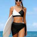 ADIFUN Girls Swimsuits Size 10-12 V Neck Adjustable Straps Black Color Block Bikini Set with Cover Up Skirts 3 Piece Teen Girl Bathing Suits Size 10-12