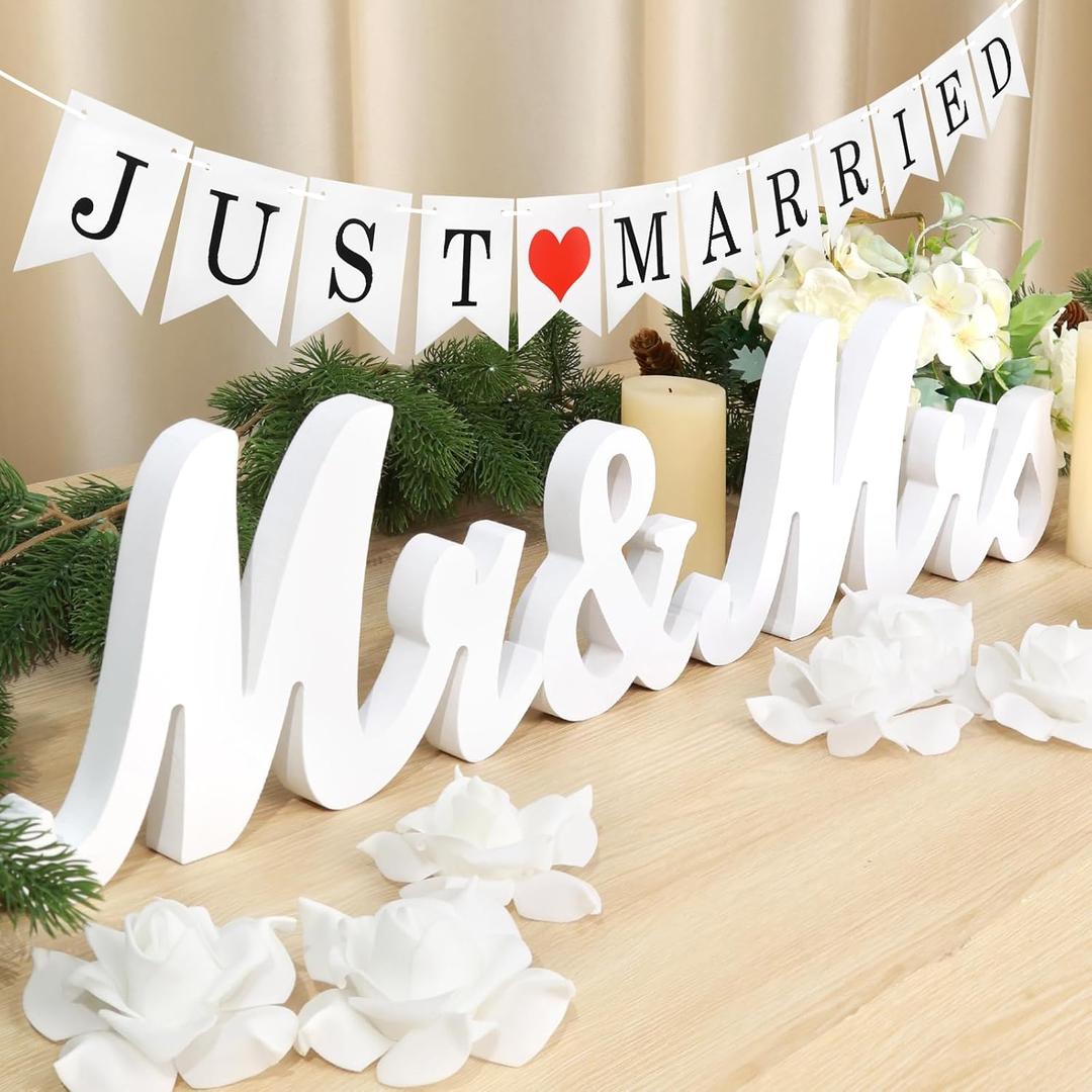 White Wooden Mr and Mrs Signs for Wedding Table, Wooden Wedding Table Signs for Ceremony and Reception - Centerpiece Decorations with Just Married Banner Gifts